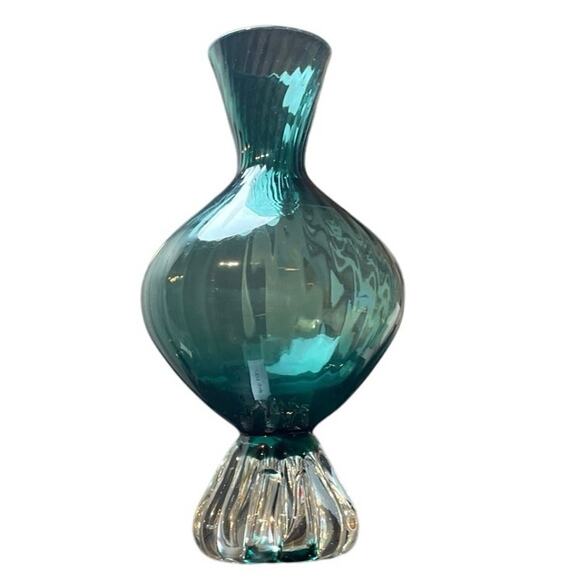 Teal Ribbed Swirled Blown Glass Vase 6.75” Heavy Scalloped Ribbed Base - Picture 2 of 8